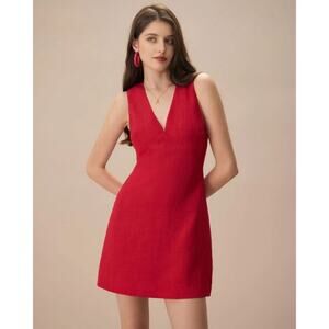 NWT Women's Rihoas The Red V Neck Sleeveless A-Line Linen Mini Dress Size XS